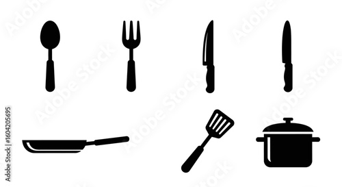 A collection of simple black silhouettes of common kitchen utensils.