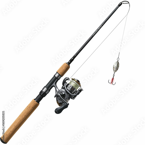 Anglers Precision: Spinning Rod Reel and Lure Against White.