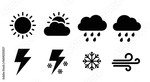A collection of various weather icons representing sunny, cloudy, rainy, and stormy conditions.