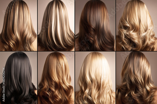 Professional hair color chart showing eight different hair color variations with highlights lowlights and natural waves from behind for salon reference and styling inspiration.
