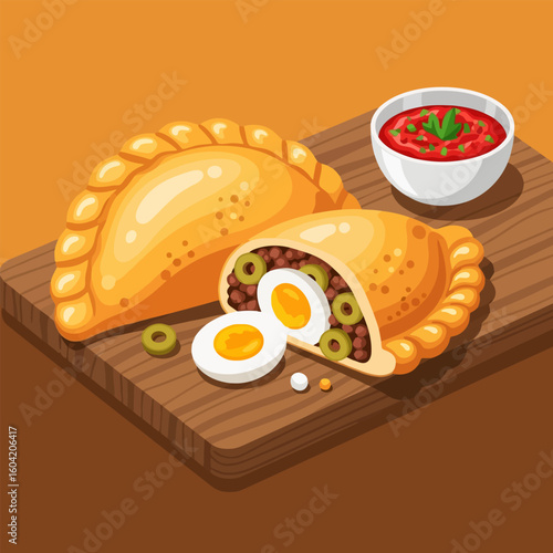 Golden Baked Empanadas with Egg Filling on Wooden Board