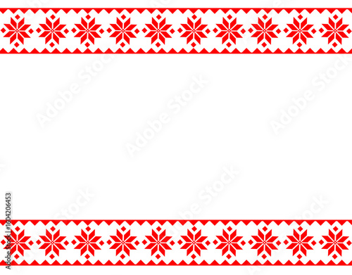Slavic folk frame with geometric red pattern with symbols of wealth on white background with empty spase for your text