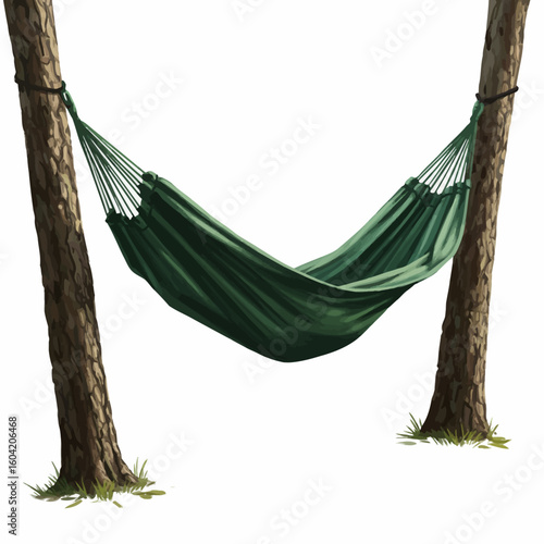 Relaxing Green Hammock Hung Between Two Trees Isolated on White Background.