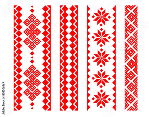 Slavic red and white Ornamental Diamond Pattern Vertical ethnic embroidery stripes Belarus inspired