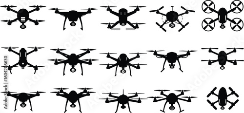 Drone Silhouettes Vector Set – Quadcopters and Hexacopters with Cameras for Aerial Photography, Surveillance, Technology, and UAV Design Projects
