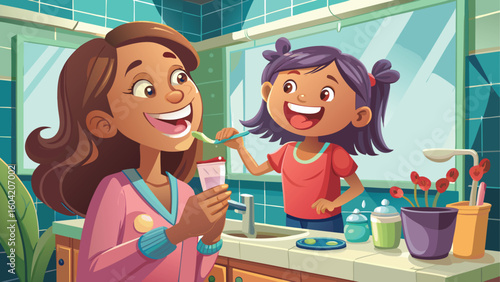 Mother and daughter brushing teeth together in the bathroom