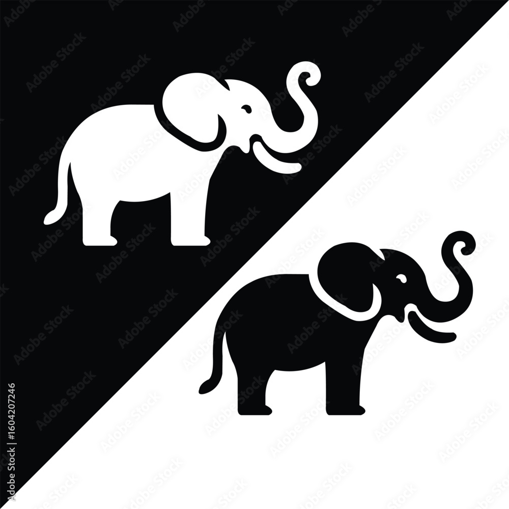 Obraz premium Simple vector of two elephants facing each other in black and white diagonal layout. Perfect for wildlife branding, educational posters, or decorative icons.