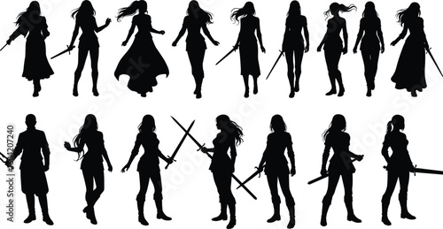 Female warrior silhouette collection, sword fighter poses, heroic woman with sword, strong female warrior clipart, action and battle figures.