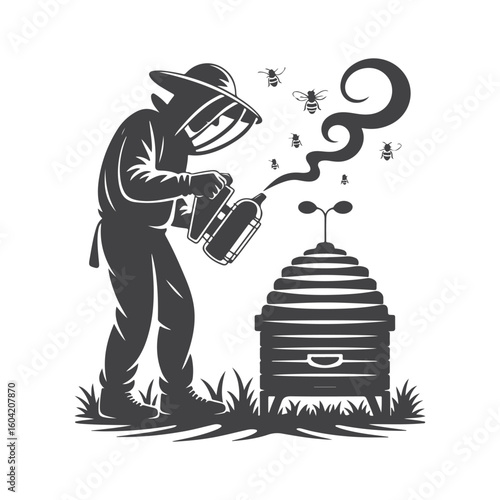 Beekeeper using smoker near hive with bees apiary
