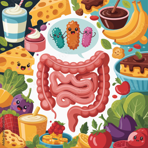 Healthy gut microbiome with friendly bacteria and delicious foods