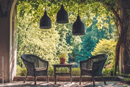 Outdoor patio with wicker furniture, hanging lights, and lush greenery (1)