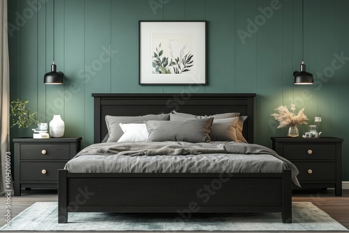 Black nightstands and a bed with grey bedding, set against a green wall with a framed poster. Scandinavian-inspired bedroom interior design, Generative AI