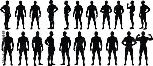 Male silhouette set of muscular man poses, standing bodybuilder figures, fit athletic male vector collection for fitness design.