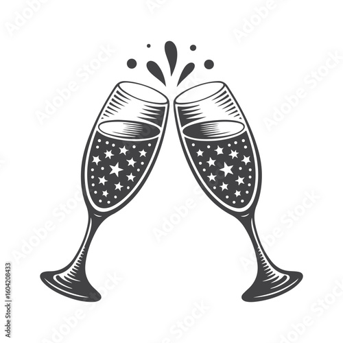 Celebratory champagne glasses clinking with sparkling stars celebration toast
