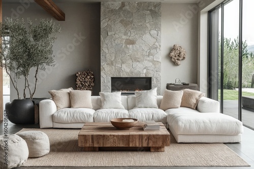 Rustic white upholstered sofa made from solid wood, set in a modern living room with stone decor pieces, Generative AI