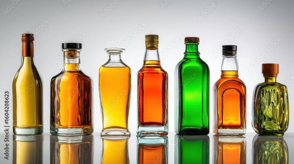 The array of beautifully designed glass bottles showcasing various liquors and beverages. The array of beautifully designed glass bottles showcasing various liquors and beverages.