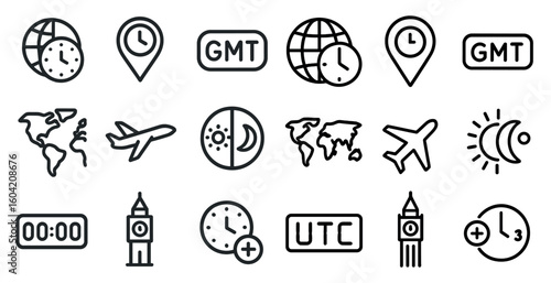 Time and location outline icons set – clock, map, travel and gmt symbols