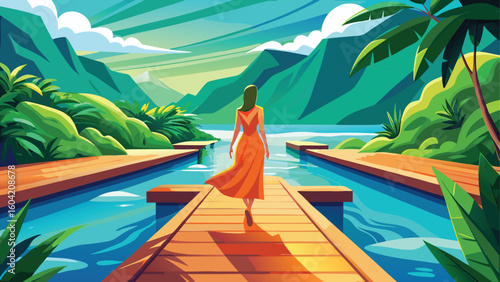 Woman in orange dress walks on a wooden pier by a tropical bay
