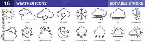 Weather Icons Set Editable Stroke – Sun, Cloud, Rain, Lightning, Snowflake, Wind, Fog, Thermometer, Partly Cloudy, Cyclone, Moon, Sunrise, Cloud with Snow, Cloud with Rain Vector