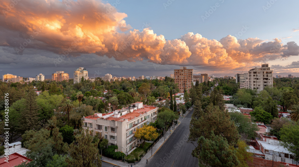 Naklejka premium urban sprawl in mexico captures essence of modern architecture beneath dramatic storm clouds emphasizing striking