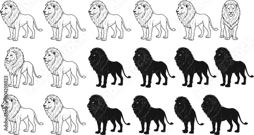 Lion silhouette and illustration collection, regal lion head and body poses, black and white lion vector clipart, wild animal icons.