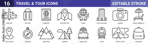 Travel & Tour Icons Set Editable Stroke – Airplane, Suitcase, Passport, Map Pin, Globe, Hotel, Camera, Beach Umbrella, Compass, Mountain, Camping, Cruise Ship, Train, Travel Ticket, Backpack Vector