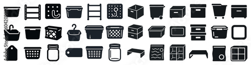 Storage solutions silhouette icons set – baskets, bins, organizational symbols