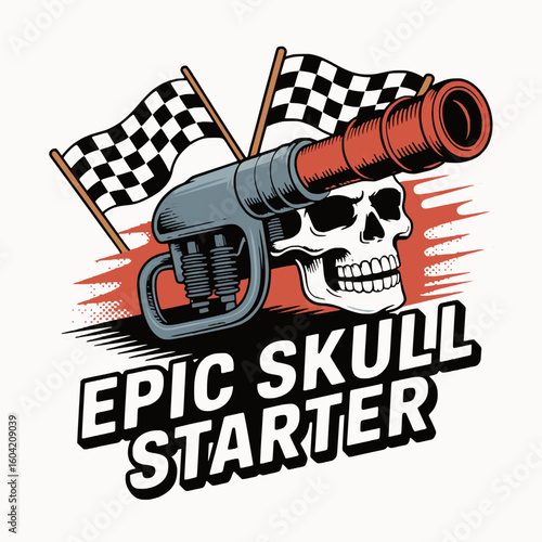 T-shirt skull design vector skull and starter illustration with racing flags vector design for custom t shirt print design