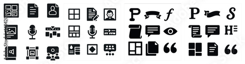 Communication and media icons set – solid, filled, news and podcast symbols