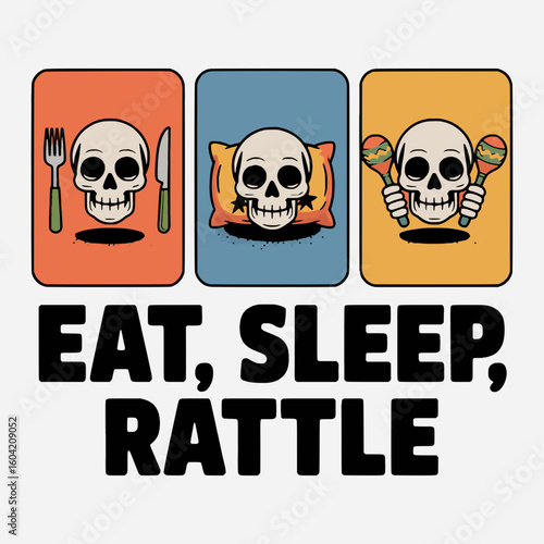 T-shirt skull design vector eat sleep rattle skull illustration design for halloween party and funny skeleton themed designs