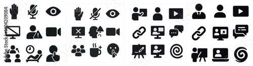 Communication and interaction solid icons set – filled, media, digital technology symbols