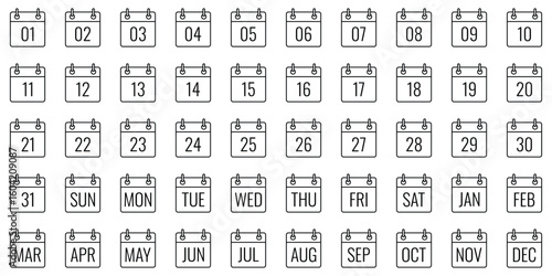Calendar Icon Set. Calendar planner icons for app, website, UI. Reminder organizer event signs. Business plan schedule, days, months, week, date icons