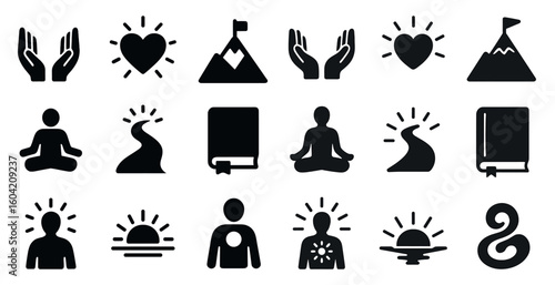 Mindfulness and meditation icons set – solid, filled, wellness and relaxation symbols