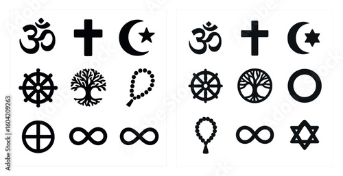 Religion and spirituality solid icons set – silhouette, symbols, faith graphics