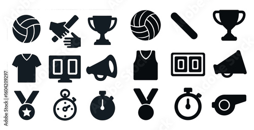 Sports and fitness icons set – solid, filled, athletic and gym symbols