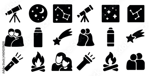 Astronomy and stargazing solid icons set – silhouette, night sky, celestial symbols