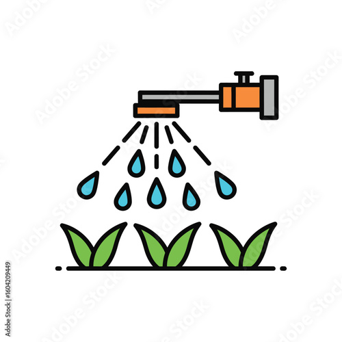 A sprinkler head irrigating young green seedlings. Vector icon representing automated watering systems for farming, agriculture and garden maintenance.