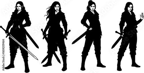 Four icons of a woman warrior with sword
