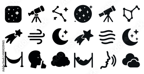 Astronomy and space icons set – solid, silhouette, celestial and stargazing symbols