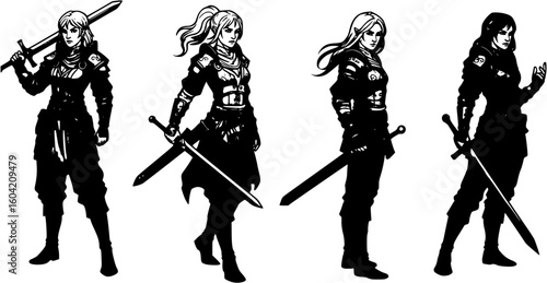 Four icons of a woman warrior with sword
