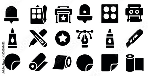 Office supplies solid icons set – silhouette, filled, stationery symbols