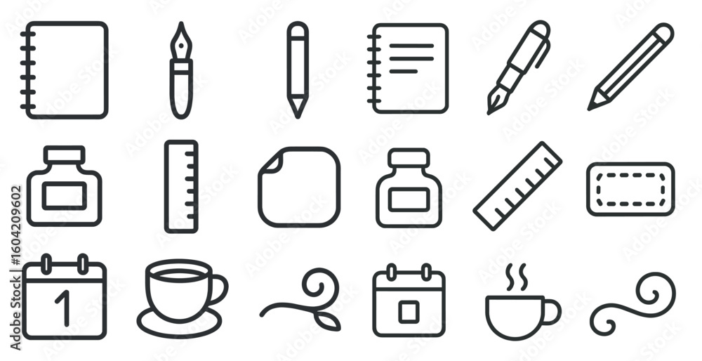 Obraz premium Office supplies line icons set – flat, linear, workspace and stationery symbols