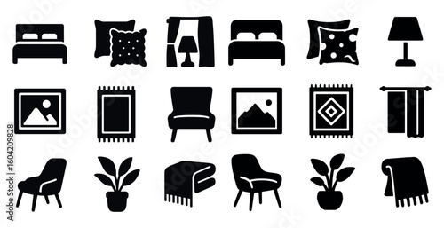 Home decor silhouette icons set – furniture, interior, modern design symbols