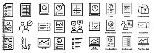 Educational tools outline icons set – quiz, rubric, learning assessment graphics