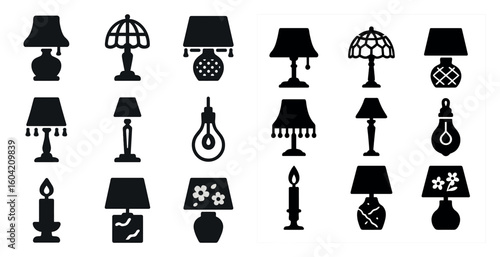Home lighting silhouette icons set – solid, filled, lamp and decor symbols