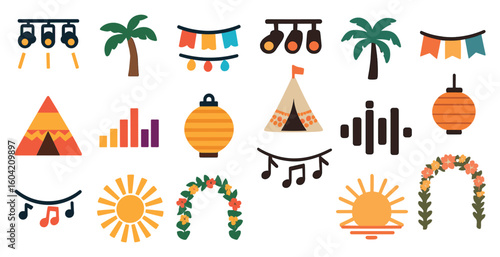 Festival and celebration icons set – flat, filled, party and music symbols