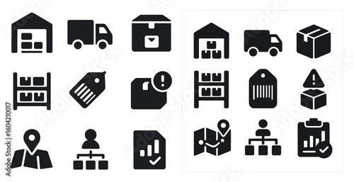 Logistics and delivery icons set – solid, filled, shipping and package symbols