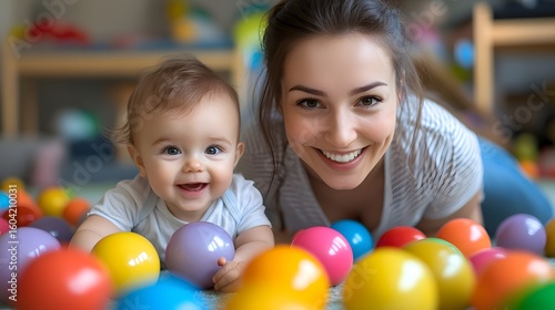 Woman and baby smiling surrounded by colorful plastic balls on the floor.