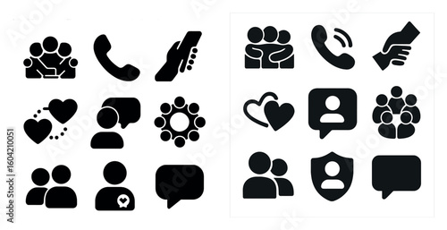 Communication and connection solid icons set – filled, people, teamwork symbols