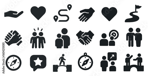 Navigation and community solid icons set – flat, filled, teamwork and direction symbols